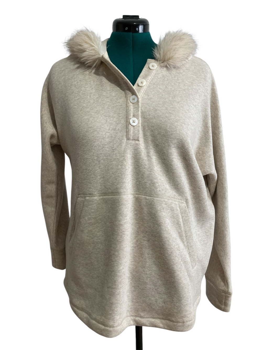 Soft Surroundings Comfy Fur Trim Hood Pullover Fleece Hoodie